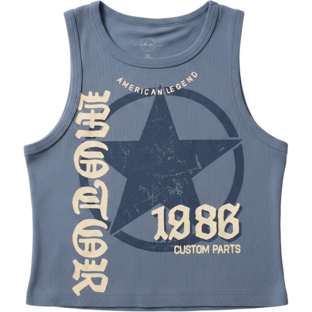 Hi-Ree Blue Ribbed Graphic Tank Top American Legend 1986 Motor Star Size M